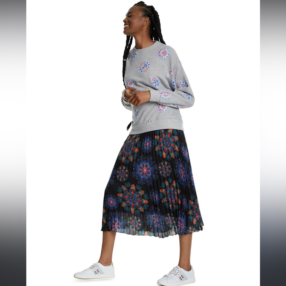 Desigual Midi Pleated chiffon Skirt Elastic Band size US 6